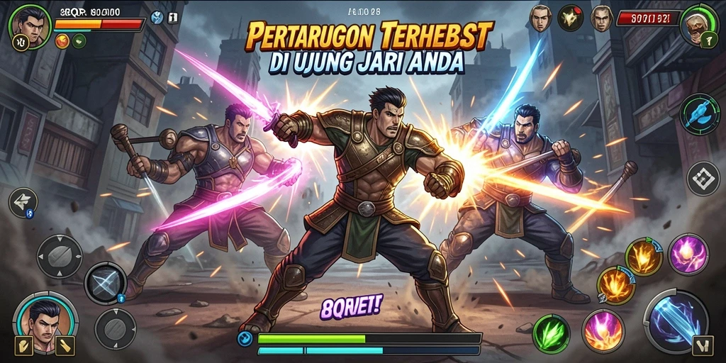 Screenshot gameplay 8QR menampilkan pertarungan seru antara karakter.