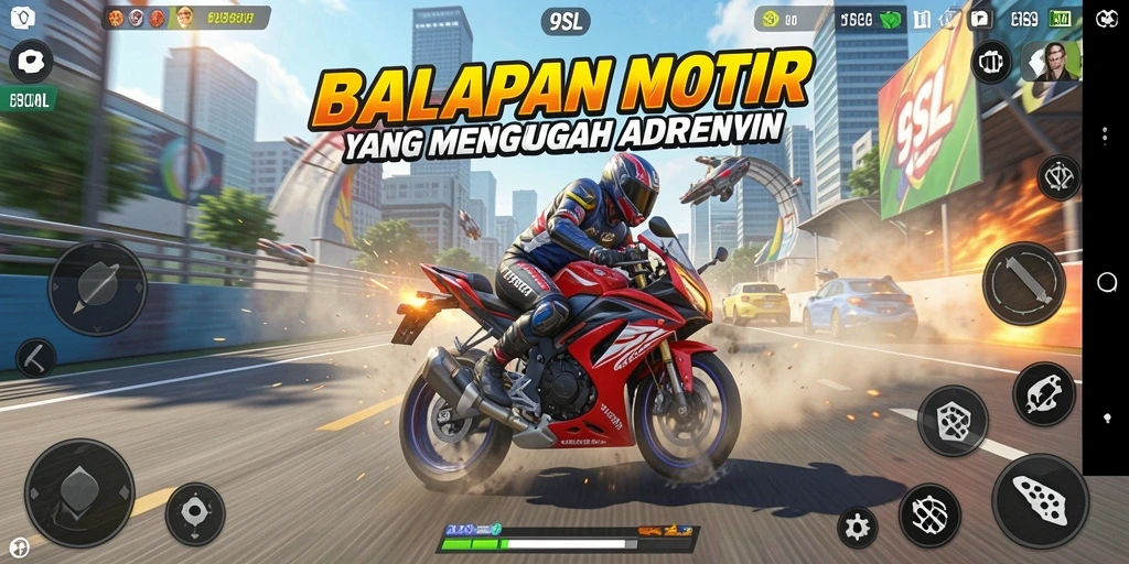 Tampilan gameplay 9SL yang seru dalam balapan motor.