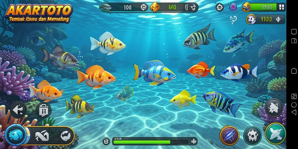 Tampilan gameplay seru dalam game Tembak Ikan AKARTOTO.