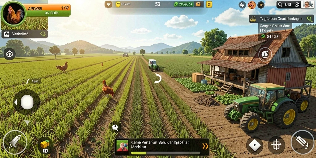 Tampilan gameplay APEK88 dengan ladang hijau subur dan hewan peliharaan.
