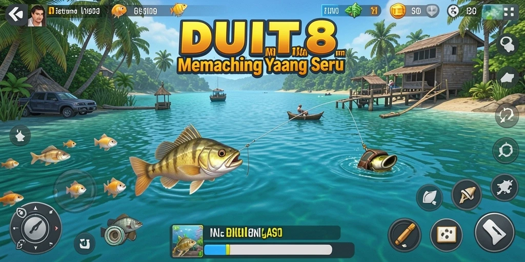 Screengrab gameplay memancing di DUIT8 dengan ikan berwarna cerah.