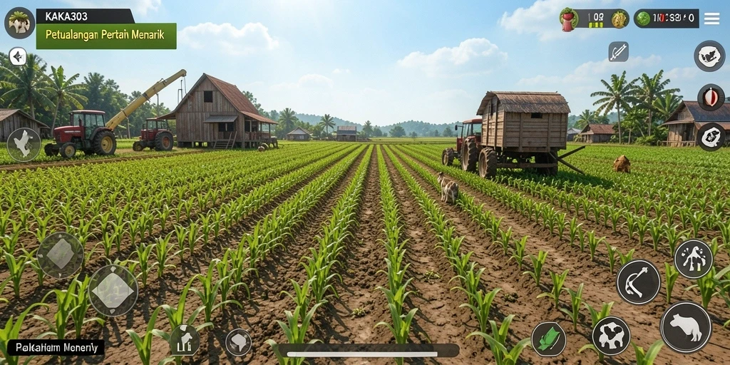 Screenshot KAKA303 memperlihatkan aktivitas seru di ladang dengan tanaman yang subur.