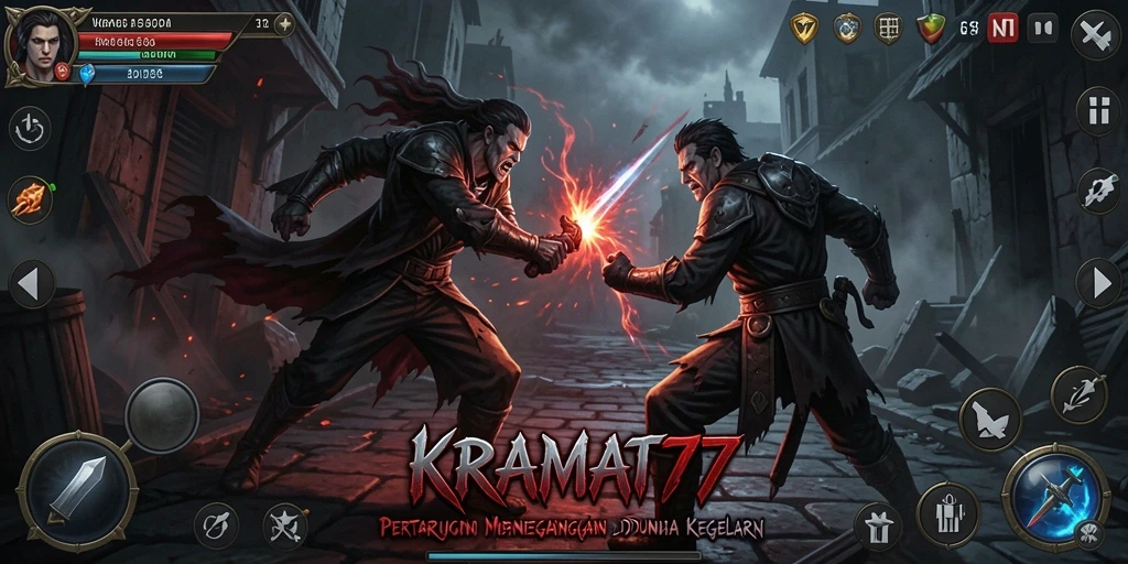 Screenshot gameplay KRAMAT77 menunjukkan aksi seru dan pertarungan intens.