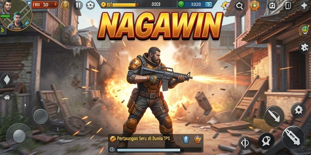 Tampilan gameplay seru dalam NAGAWIN yang menampilkan aksi TPS.