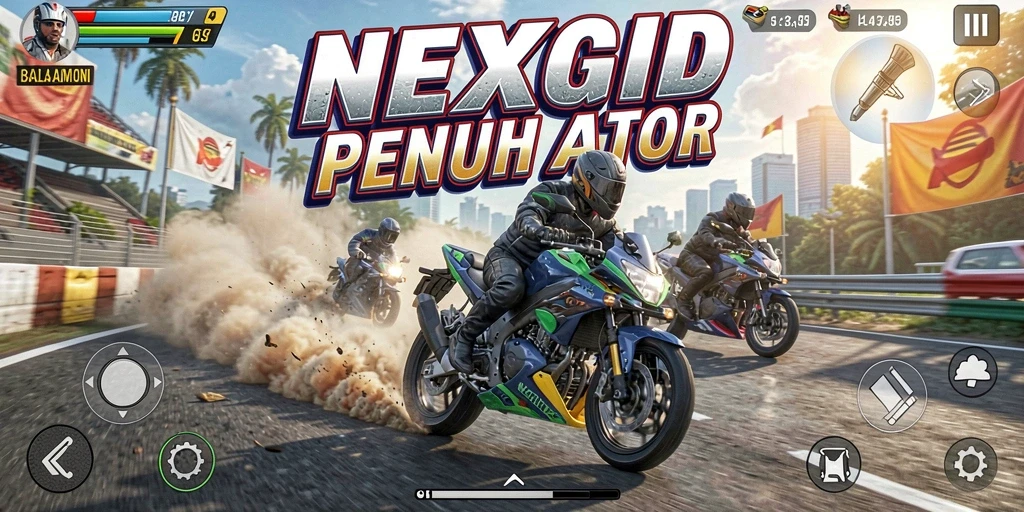 Gameplay NEXGID dengan motor balap yang seru dan cepat.