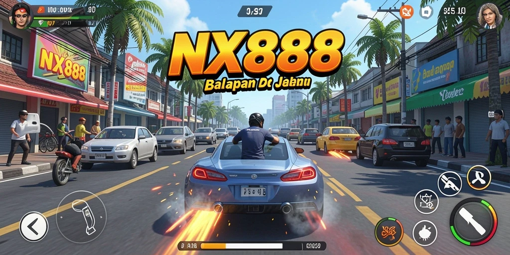 Screenshot NX888 menampilkan balapan seru dengan mobil yang melaju kencang.