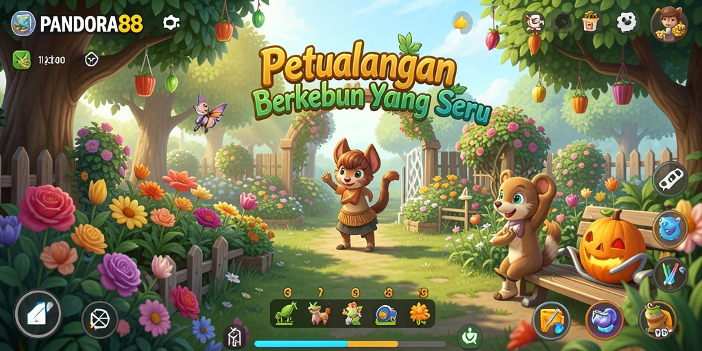 Tangkapan layar gameplay PANDORA88 menampilkan ladang yang subur dan beragam tanaman.