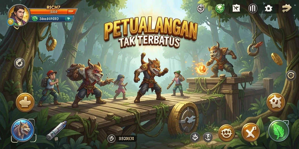 Gameplay RICH7 yang menampilkan petualangan seru dan pemandangan menakjubkan.