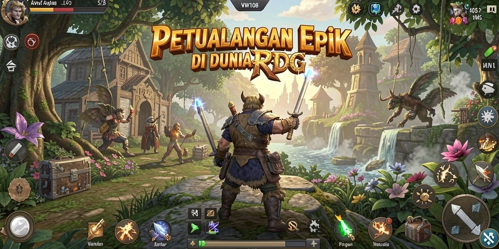 Screenshot gameplay VW108 menampilkan pertarungan epik dan eksplorasi dunia fantastis.